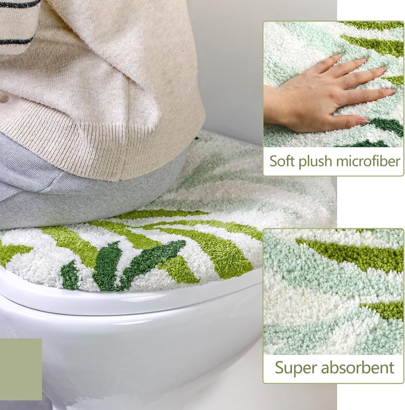 Mindsoft Green Leaves Toilet Seat Covers Bathroom Toilet Lid Cover Soft Microfiber 17.5'' x 15'' Plush Tufted, Machine Washable, Adjustable Rubber Backing Fits Most Round Elongated Oblong Lids - Image 2